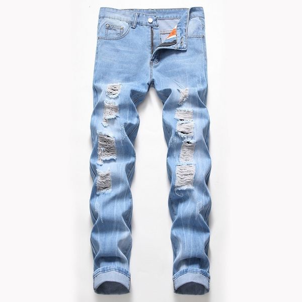 

men hip hop holes jeans male straight slim canister four coloured tide trousers patch soild color beggar cloth-fitting pants, Blue