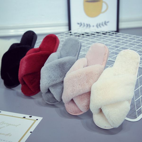 

2019 new open toe warm plush women home slippers winter wool shoes woman slip on flats slides female faux fur slippers wholesale, Black