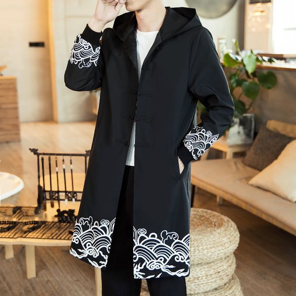 

chinese style printed windbreaker jacket men long streetwear hooded kimono jacket men coat kimono 2019 new, Tan;black
