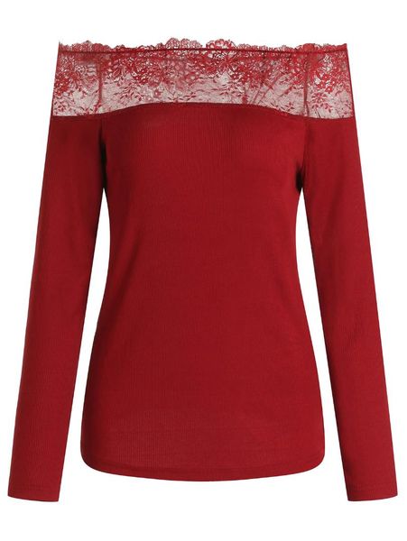 

rose gal fashion off the shoulder lace insert ribbed knitwear women's long sleeve red jumper patchwork pullover autumn winter, White;black