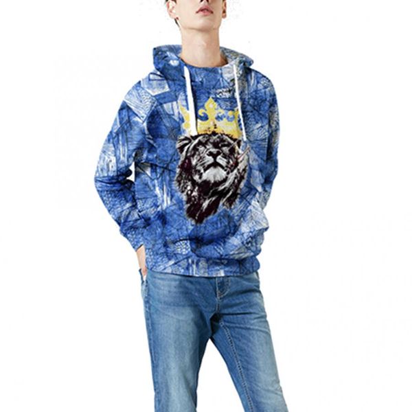 

unique 3d lion print pockets long sleeve loose drawstring hooded hoodies men women fashion pullover sweatshirt top, Black
