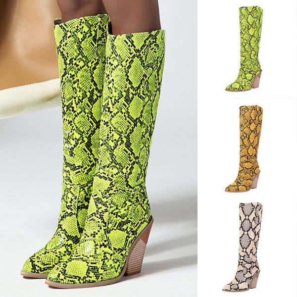 

women's slip-on over-knee boots snake pattern square high heel long tube booties, Black