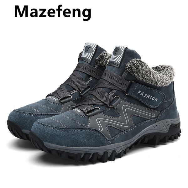 

mazefeng leather men boots with fur 2019 keep warm snow boots men winter work casual shoes sneakers high rubber ankle boots, Black