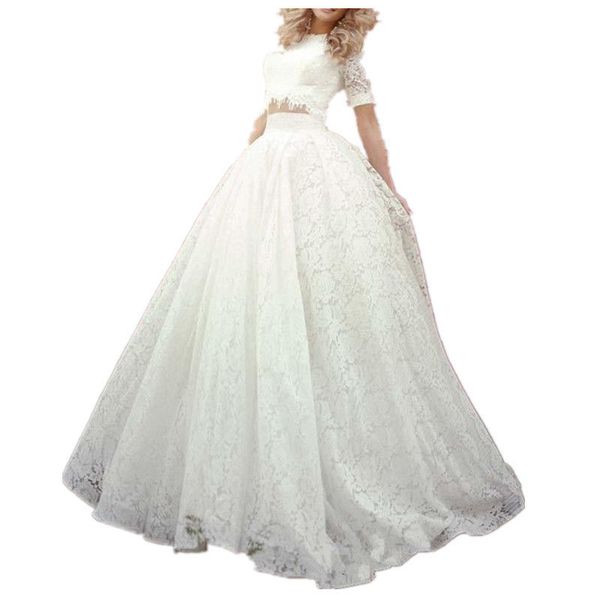 

vintage 2019 two pieces high neck modest a line lace wedding dress short sleeve castle sweep train custom made long bridal gowns princess, White