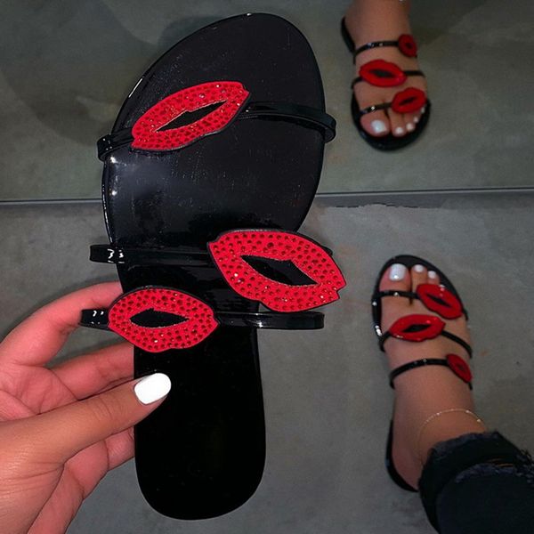 

woman slippers red lips sandals flat ladies shoes beach flip-flops non slip rhinestones home summer, Black