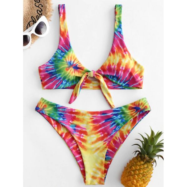 

2020 bikini set women tie dyeing print knotted high waisted push up biquini swimsuit beach bathing suit beachwear bathers