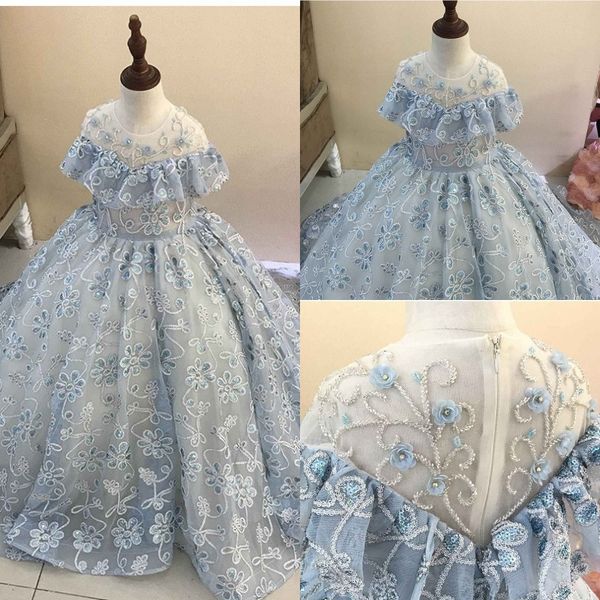 

luxury lace beaded flower girl dresses for weddings ball gown kids evening gowns light blue first communion dresses 2020, White;blue