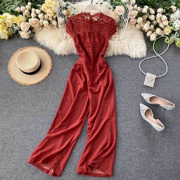 

singrain women summer hollow lace rompers new casual simple office rompers french romantic holiday beach wide leg long, Black;white