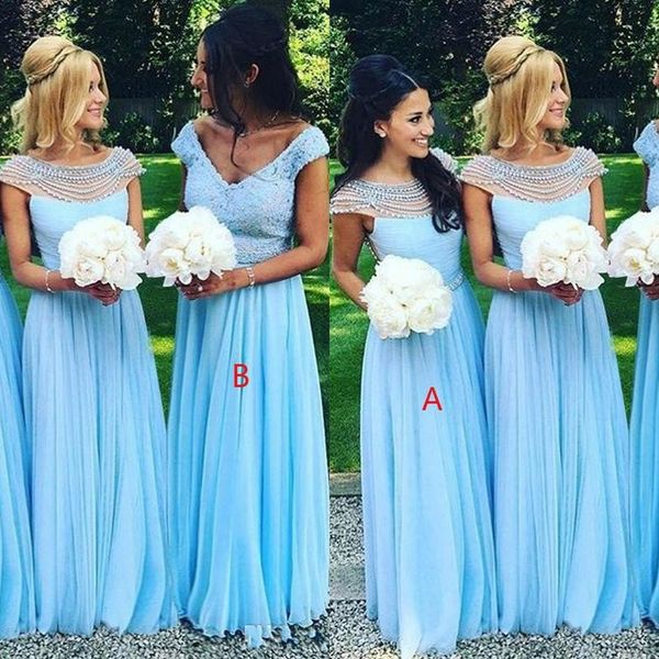 Abiti da damigella d'onore sexy blu sexy economici per perle in pizzo chiffon lungo per matrici con maniche del pavimento lunghezza del pavimento più dimensioni di abiti onore formali 403