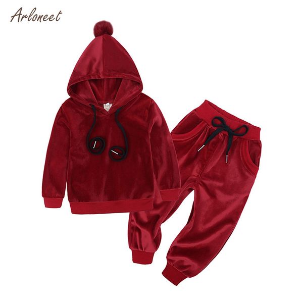 

arloneet todler girl clothes long-sleeved autumn sports casual solid fleece warm hooded sweatshirt +long pants 2pcs outfits set, White