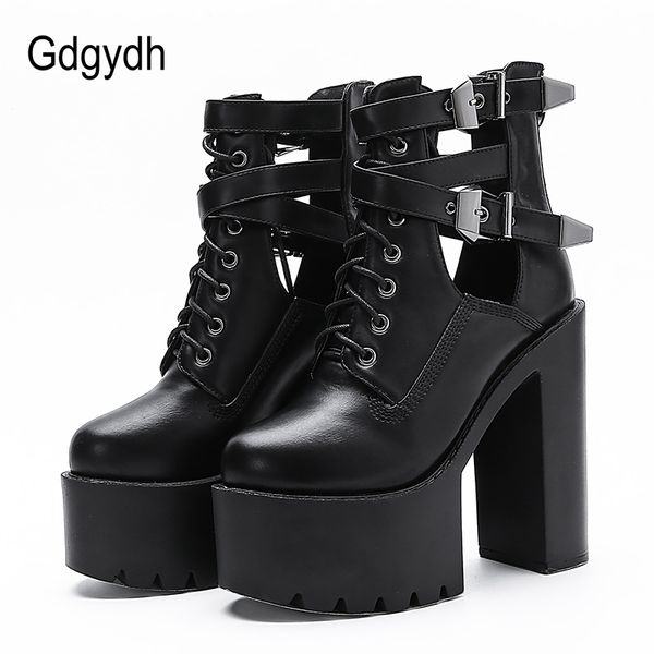 

gdgydh buckle womens nightclub shoes high heels hollow out ankle boots platform heels gothic black leather short boots lady