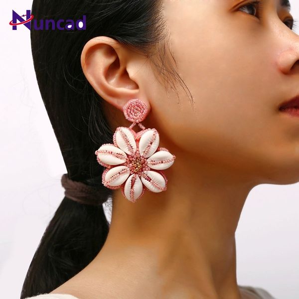 

new big tassel shell drop earrings cotton hand-woven rice beads earrings fashion vintage street style flower jewelry for women, Silver