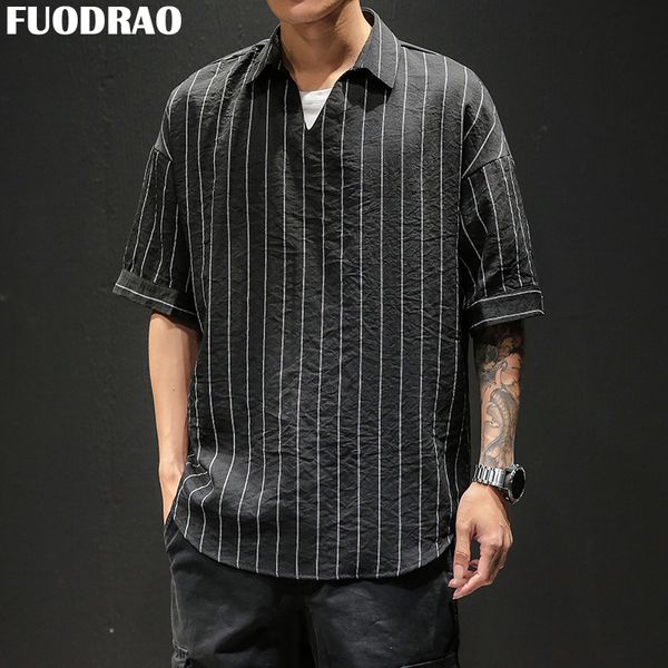 

fuodrao japanese striped t shirt men hip hop short sleeve t shirts streetwear turn-down collar tee shirt men tees t676, White;black