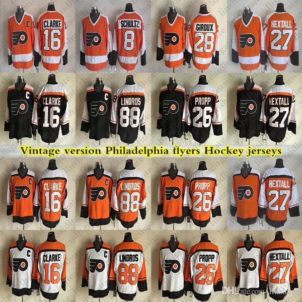 

philadelphia flyers vintage version 28 giroux 16 clarke 88 lindros 27 hextall 26 propp hockey jersey, Black;red