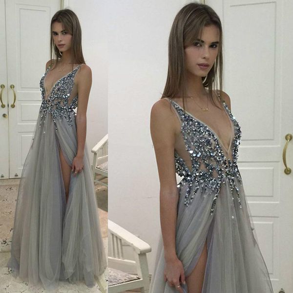 

2019 silver gray evening dresses v neck illusion bodice sequins beaded tulle split backless berta prom dresses evening party dresses, Black;red