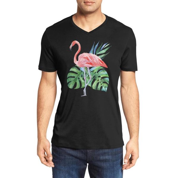 

men's flamingo palm beach fashion v-neck t-shirt design sports cotton shirt slim short sleeve pink birds couple heart love symbol flora, White;black