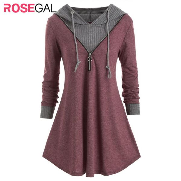 

rosegal cherry red hooded zippered 2fer tunic knitwear longline knitwear long elastic patchwork loose women pullovers sweater, White;black
