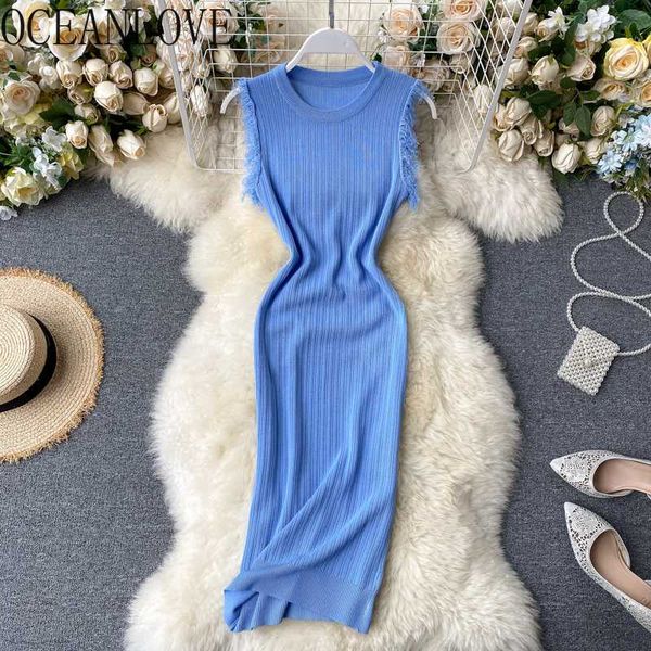 

oceanlove кисточкой сексуальное платье женщины твердые вязание корейский винтаж высокая талия vestidos рукавов стрейч bodycon платья 16125, Black;gray