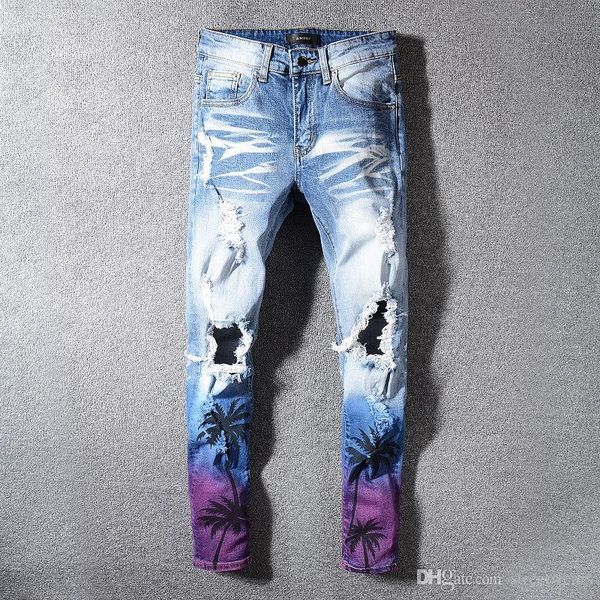 

2020 new amiri men's high street ripped jeans tropical print hip-hop slim stretch jeans 28-40 high quality, Blue