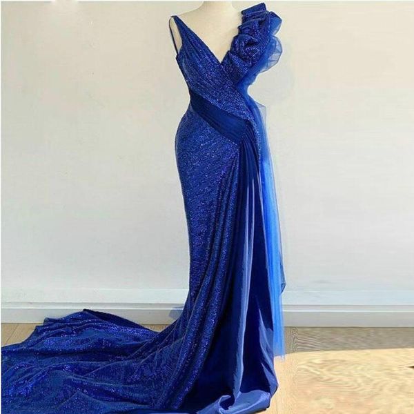 Royal Blue Mermaid Prom Dresses Lungo scollo a V profondo vestido Ruffles Pieghe Abiti da sera a sirena con paillettes Dubai Arabo Cocktail Party Dress