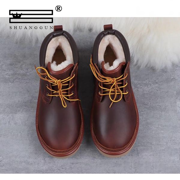 

shuanggun fashion snow boot for men lace-up winter shoes real sheepskin leather nature wool fur ankle short boots ing, Black