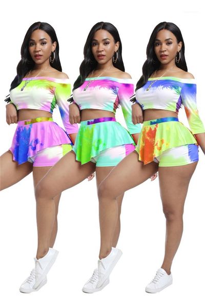 

slash neck crop short pants slim 2 piece suits tie dye print designer women tracksuits, Gray