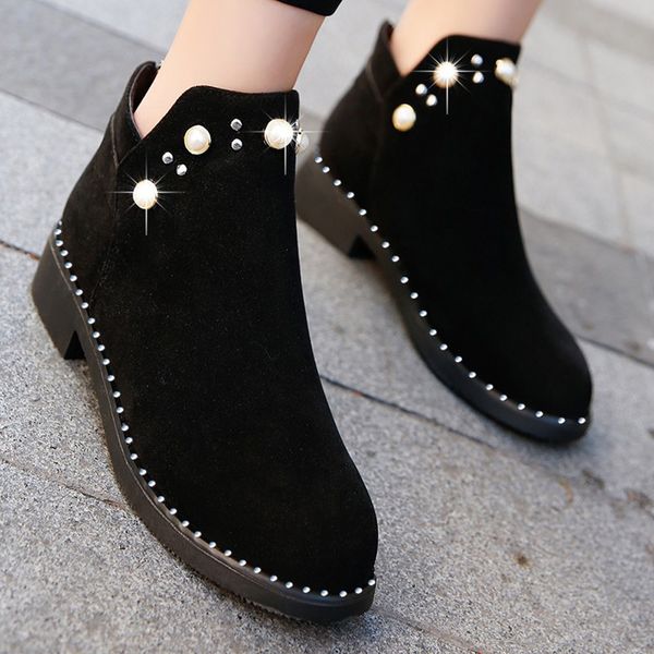 

martin boots shoes female pearl 2019 autumn winter suede flat woman shoes casual thick heel suede zipper boots botines mujer, Black