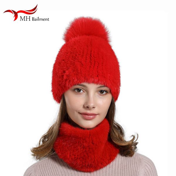 

100% real luxury knit hat scarf female high-end natural fur hat ladies winter knitting fashion warm cap bandana set 56, Blue;gray