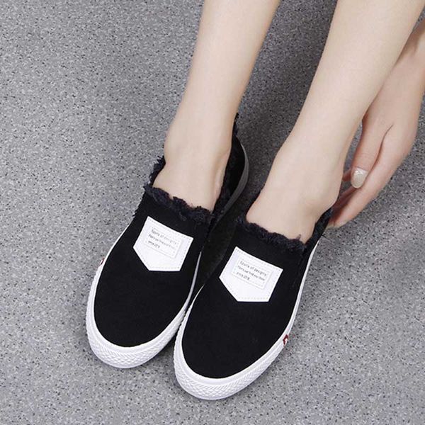 

women's canvas slip on flats autumn loafers vulcanized ladies thick bottom sewing lazy shoes female fashion casual footwear, Black
