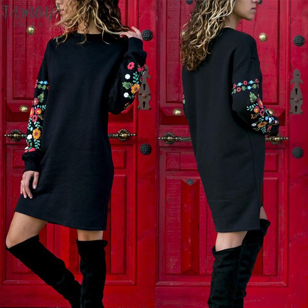 

4color s-3xl dresses women embroidery floral dress 2020 new long sleeve o-neck loose knee length women's dress spring autumn, Black;gray
