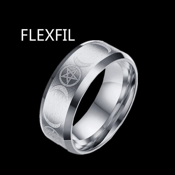 

flexfil fashion pop ring stainless steel ring face matte five-star moon picture men's anniversary day party ring wholesale, Silver