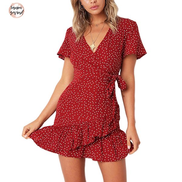 

оборками в горошек платье с поясом женщины v шеи мундир femme boho пляж летнее платье и сарафан robe синий красный, Black;gray