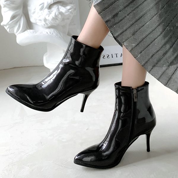 

women high heel boots fashion patent leather ankle boots autumn winter pointed toe zipper woman shoes 2019 new, Black