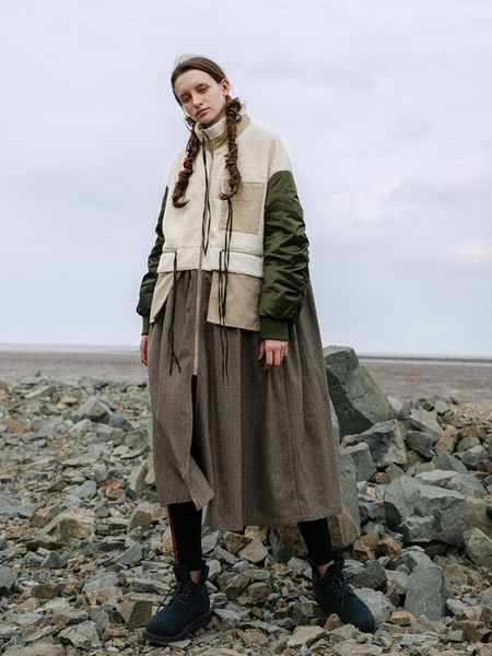 

original design aigyptos autumn winter women oversized novelty personality wool patchwork warm skirt style long woolen jacket, Black