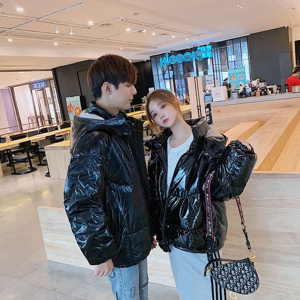 

2019 glossy jacket women winter fashion warm thick solid short style cotton padded parkas coat stand collar couple wear, Black