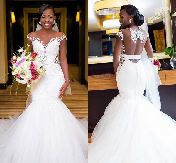 

New Arrival African Mermaid Wedding Dresses 2019 Illusion Backless Applique Lace Court Train Mermaid Bridal Dress Wedding Gowns Plus Size