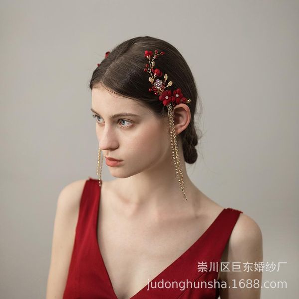 

o389 red fabric flower bridal tiara sparkling rhinestone fringed hair clip set xiuhe clothing plate hair accessories, Golden;white