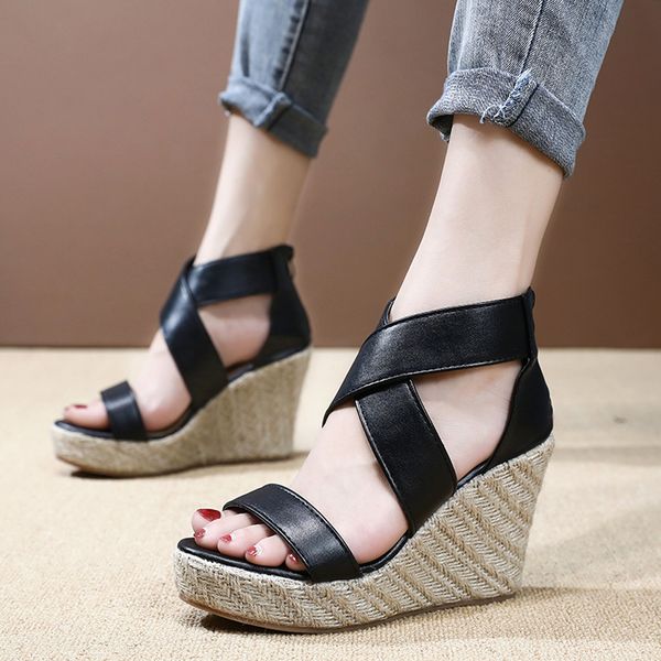 

muqgew high heels shoes womens sandals summer open toe wedges thick bottom lace-up beach shoes vintage roman sandals female 2019, Black