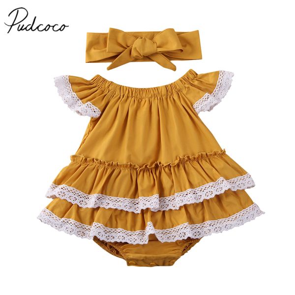

2020 baby summer clothing infant baby girl kid lace bodysuit ruffled solid jumpsuit + headband clothes set, White