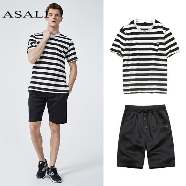 

асали мужская полосатый комплект 2018 летний новый повседневная спортивная одежда костюмы t-рубашка + шорты два кусок моды костюм установить, Gray