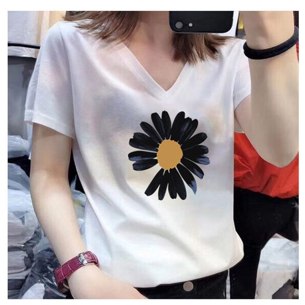 

short-sleeved female 2020 white female ins t-shirt fashion loose little daisy v-neck t-shirt top