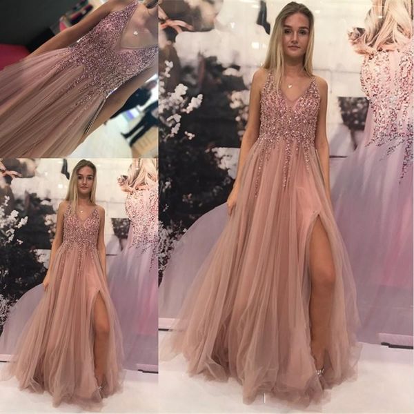 

2019 new evening dresses tulle beaded crystal beading backless v-neck sleeveless floor length a line plus size party prom gowns, Black;red