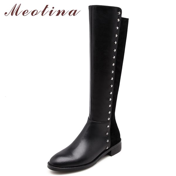 

meotina women boots autumn knee high boots natural genuine leather thick heels long zipper round toe shoes lady size 34-39, Black