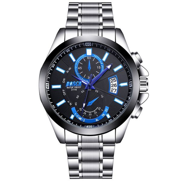 

fashion watches men's steel belt calendar sports waterproof large dial luminous watch quartz luminous hands watch, Slivery;brown