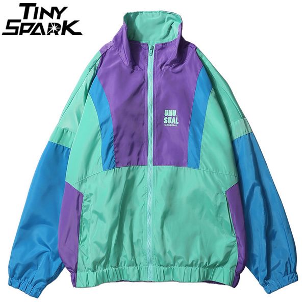 

autumn 2019 hip hop windbreaker jacket oversized mens harajuku color block jacket coat retro vintage zip track jacket streetwear v191202, Black;brown