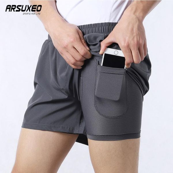 

arsuxeo running shorts men 2 in 1 compression dry fit jogging shorts gym fitness marathon sport with longer liner b206, Black;blue