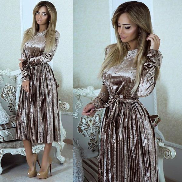 

danjeaner women spring long sleeve vintage velvet dress female slim pleated party dresses with sashes maxi dress vestidos, Black;gray