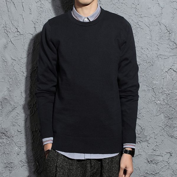 

men spring and autumn fashion brand korea style vintage simple solid color o-neck cotton knitted sweaters male casual clothes, White;black