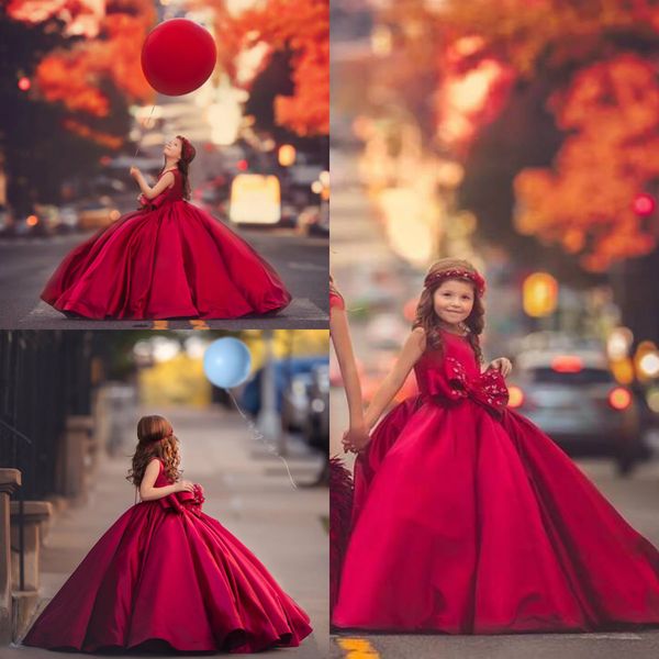 

red girls pageant dresses jewel neck bow sleeveless ball gown flower girl dress for wedding custom made satin kids formal gown, White;blue