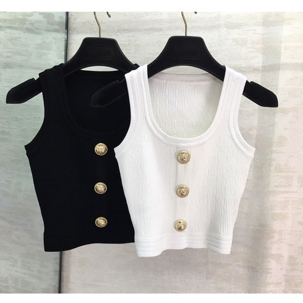 

1.18 2020 early spring new european o-neck single breasted sleeveless knitted elastic slim short crop tanks, Black;white